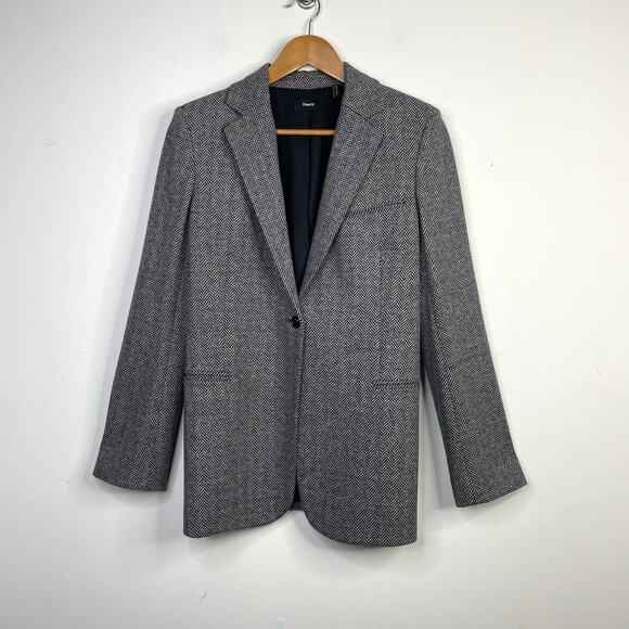 Theory Black Gray Slim Button Jacket Abbot Knit Chevron Herringbone Stretch 8 - Picture 3 of 16